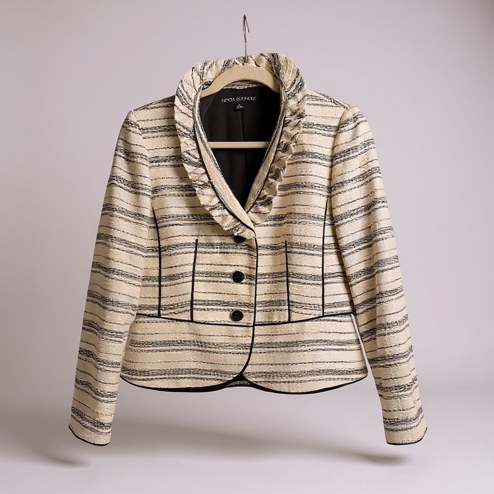 Chico’s Blue Structured Fringe Notched-Collar Cardigan Jacket Size Medium